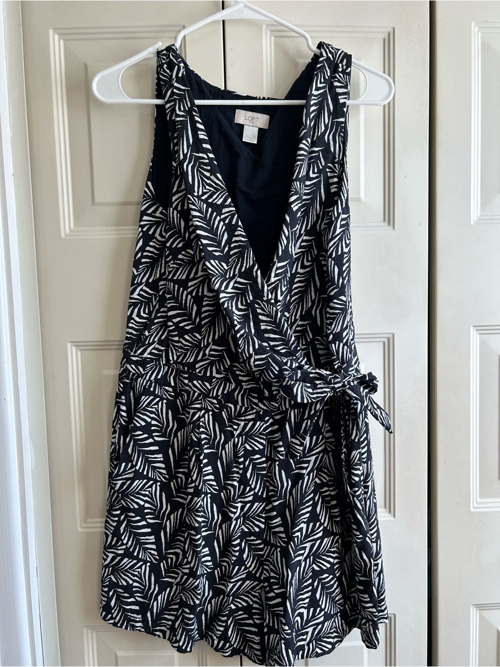 LOFT Black and White Leaf-Print Wrap Romper